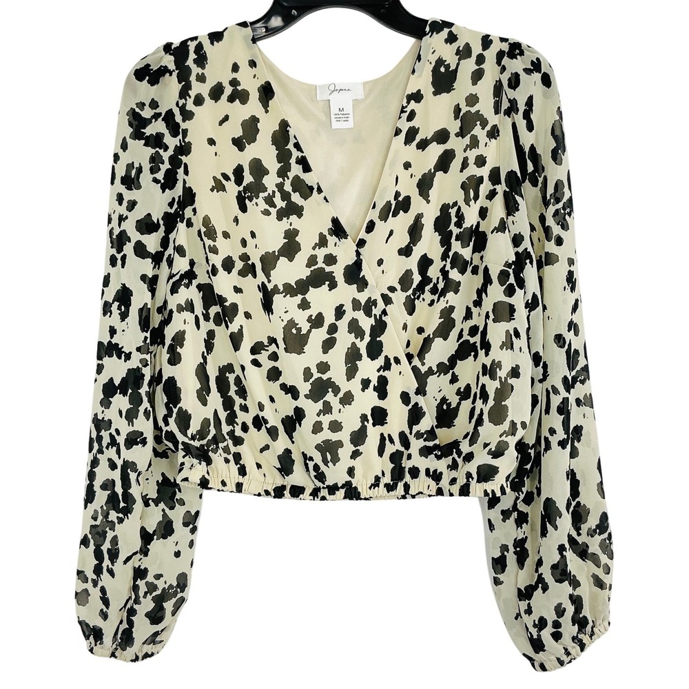 Japna Womens Crop Top Blouse Medium Long Sleeve‎ Animal Print V Neck